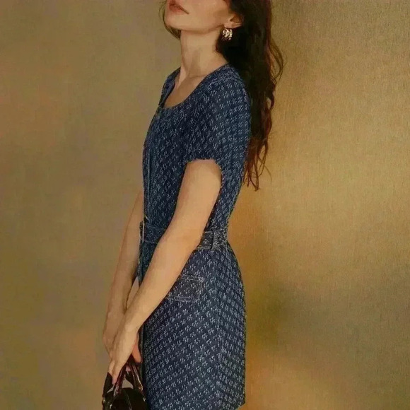 Blue Women's Flap Detail Buckle Belted Swiss Dot Denim Dress - Picture 6 of 8